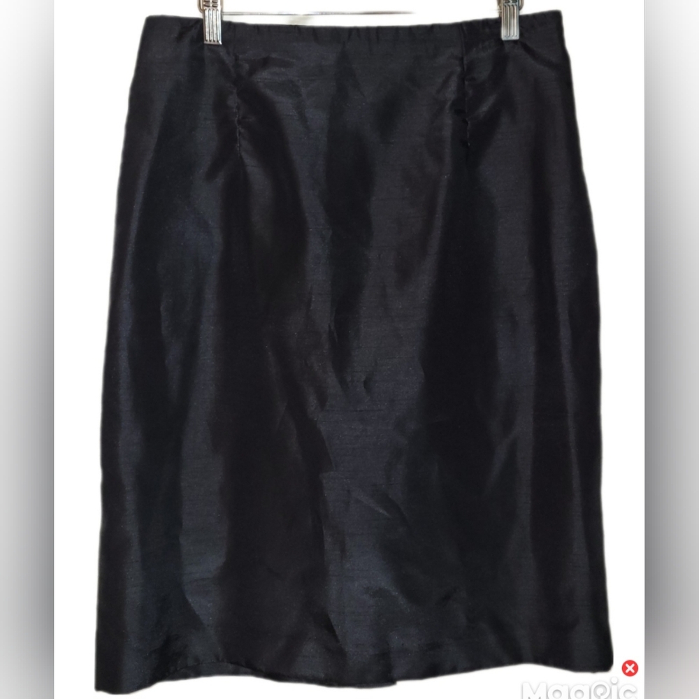 Leslie Fay Shiny Black Satin Linen Look Straight Unlined Skirt Size 14 Petite